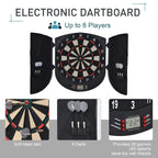 Black electronic dartboard set with folding cabinet and built-in dart storage, front