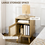 Homcom Bedside Table with Rattan Element, Side End Table with Shelf and Cupboard, 39cmx35cmx60cm, Set of 2, Natural