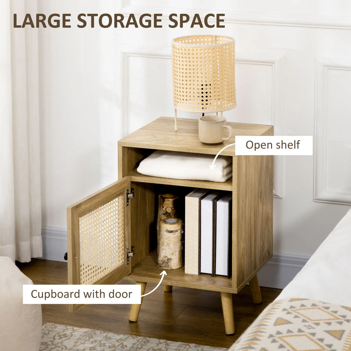 Homcom Bedside Table with Rattan Element, Side End Table with Shelf and Cupboard, 39cmx35cmx60cm, Set of 2, Natural
