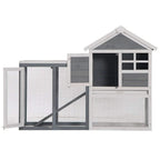 Two-tier wooden rabbit hutch with wire mesh doors, grey roof top, side view