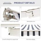 White retractable arms and aluminum bracket with dark blue and white striped fabric