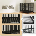 Black heavy-duty steel frame dog crate, slatted base and folding metal side panels