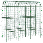 Green metal arch trellis with square grid climbing net and upright support legs