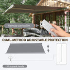 Grey electric retractable awning with remote controller held in hand, canopy extended