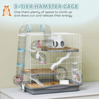 Grey 3-tier hamster cage with multi-level habitat, water bottle, and food dish.