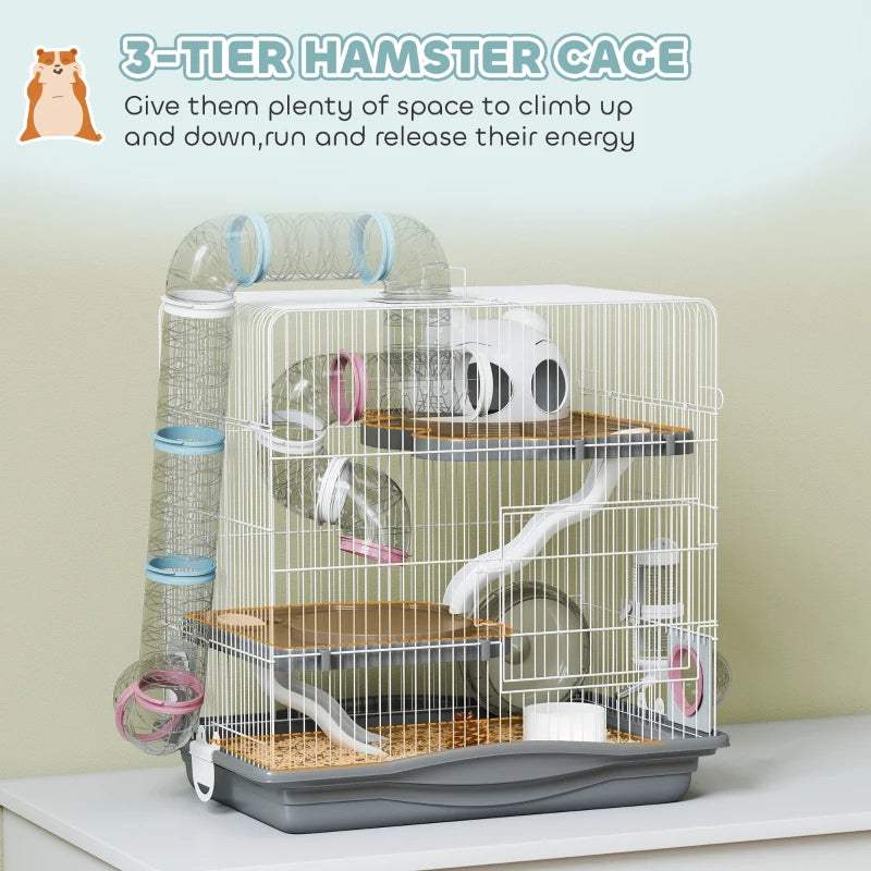 Grey 3-tier hamster cage with multi-level habitat, water bottle, and food dish.