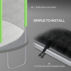Trampoline safety net edge attached to poles with included hooks and green trim