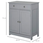 Grey freestanding bathroom cabinet with two drawers and double doors, metal knobs