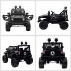 Black kids electric ride-on car shown from front, side, and rear with large off-road tires