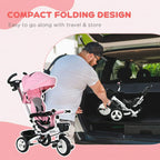 Pink baby tricycle stroller folded in compact design, canopy over seat