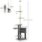 Adjustable height cat tree with plush perches and sisal scratching posts, size measurements