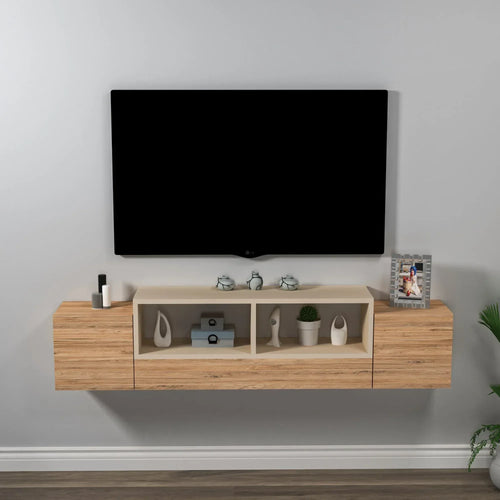 Floating TV stand with open shelves and cabinets, light wood and beige center panel