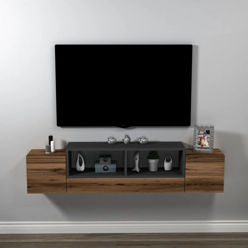 Floating TV stand with shelves and cabinets, light walnut wood and dark gray center