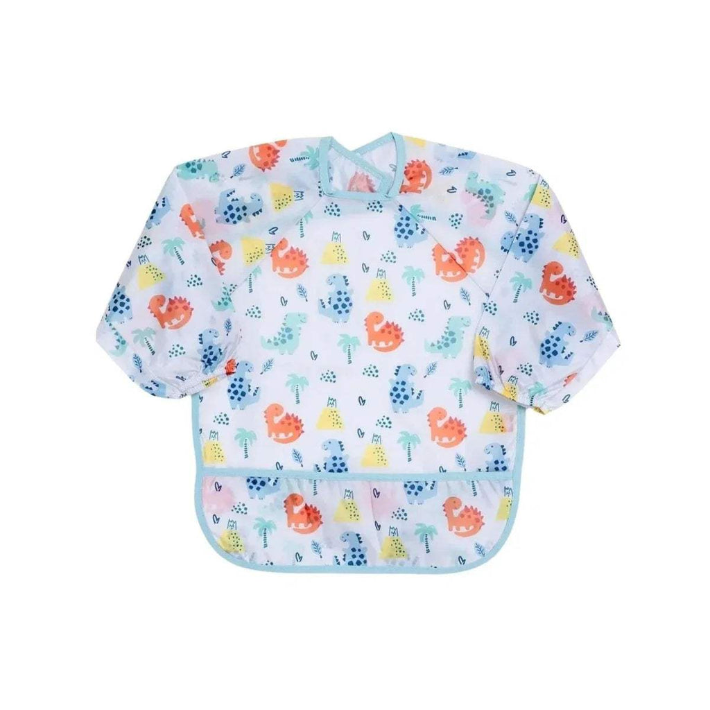 Baby long-sleeve coverall bib in light blue with colorful dinosaur print and snap neckline