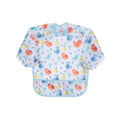 Baby long-sleeve coverall bib in light blue with colorful dinosaur print and snap neckline