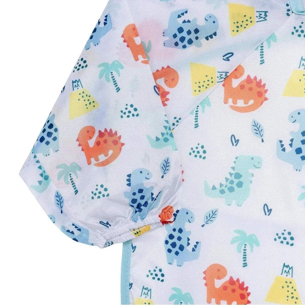 Baby long-sleeve coverall bib with all-over colorful dinosaur pattern, light blue trim