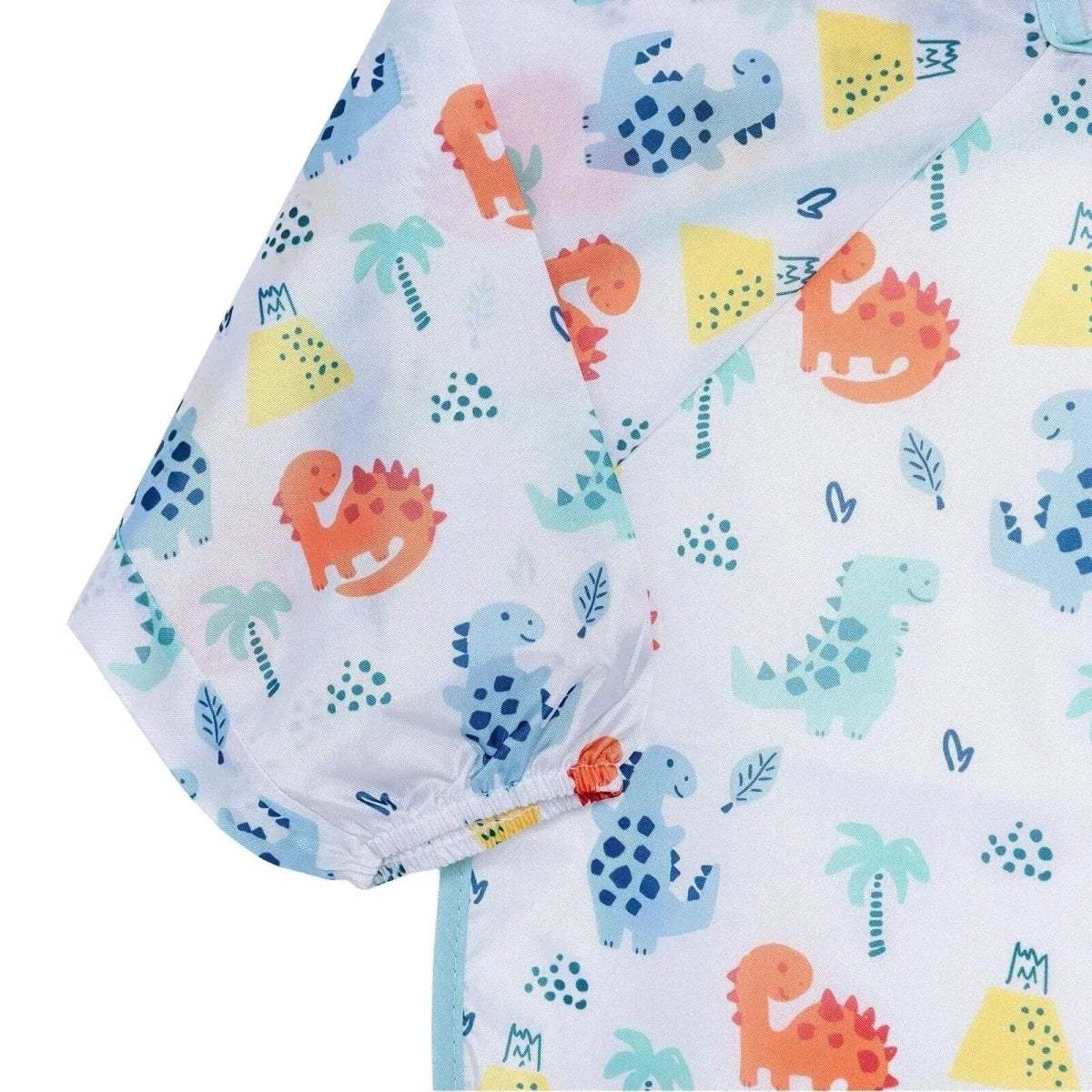 Baby long-sleeve coverall bib with all-over colorful dinosaur pattern, light blue trim