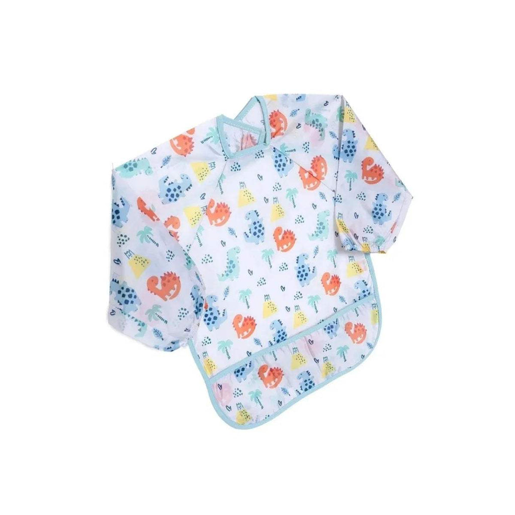Baby long-sleeve coverall bib set with colorful dinosaur print and light blue trim