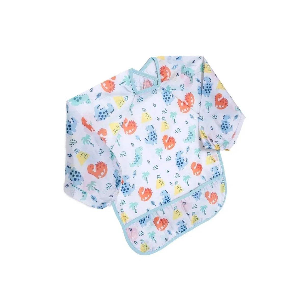 Baby long-sleeve coverall bib set with colorful dinosaur print and light blue trim