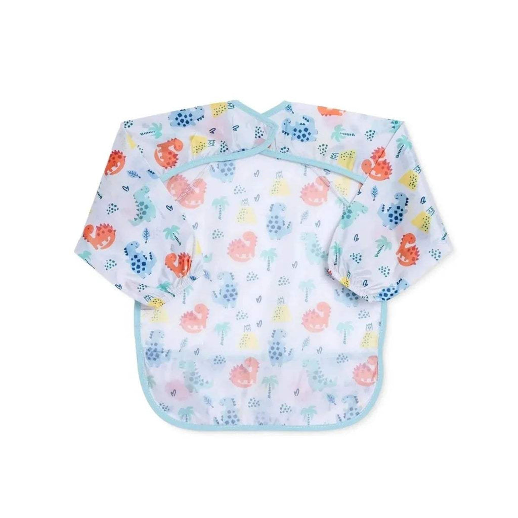 Baby long-sleeve coverall bib with dinosaur print, light blue edges, and front bib panel