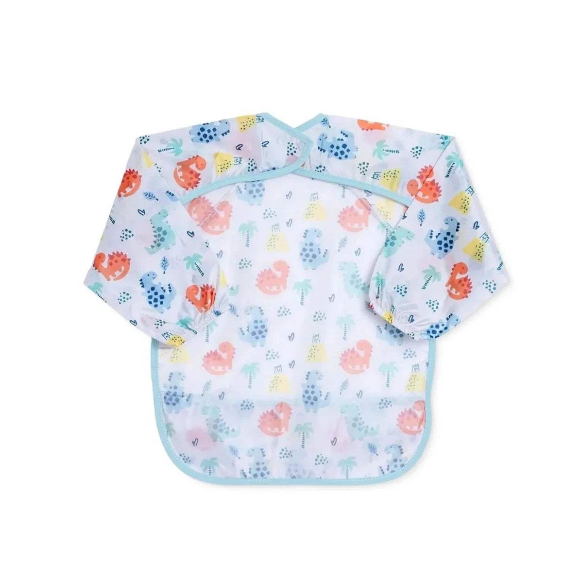 Baby long-sleeve coverall bib with dinosaur print, light blue edges, and front bib panel