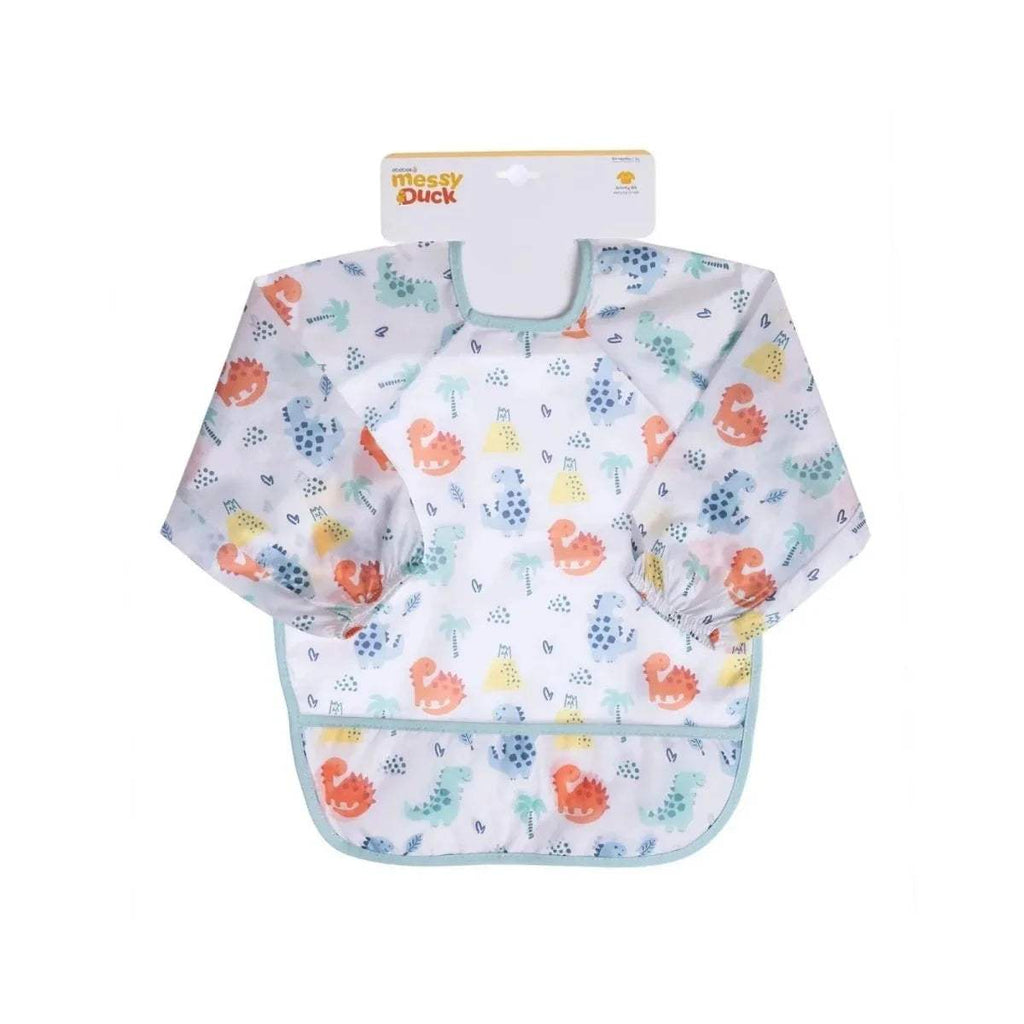 Baby long-sleeve dinosaur coverall bib with front bib panel and light blue trim