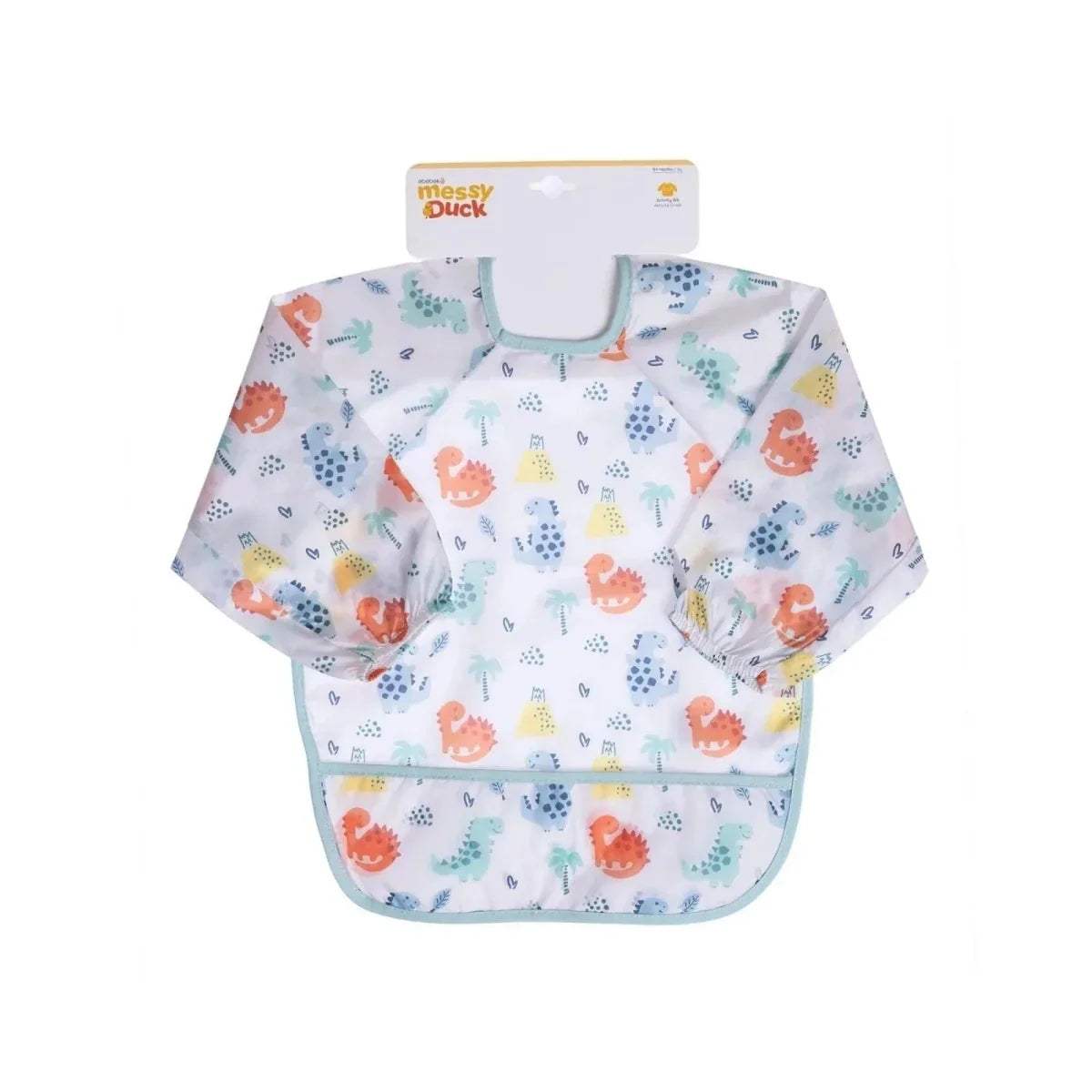 Baby long-sleeve dinosaur coverall bib with front bib panel and light blue trim