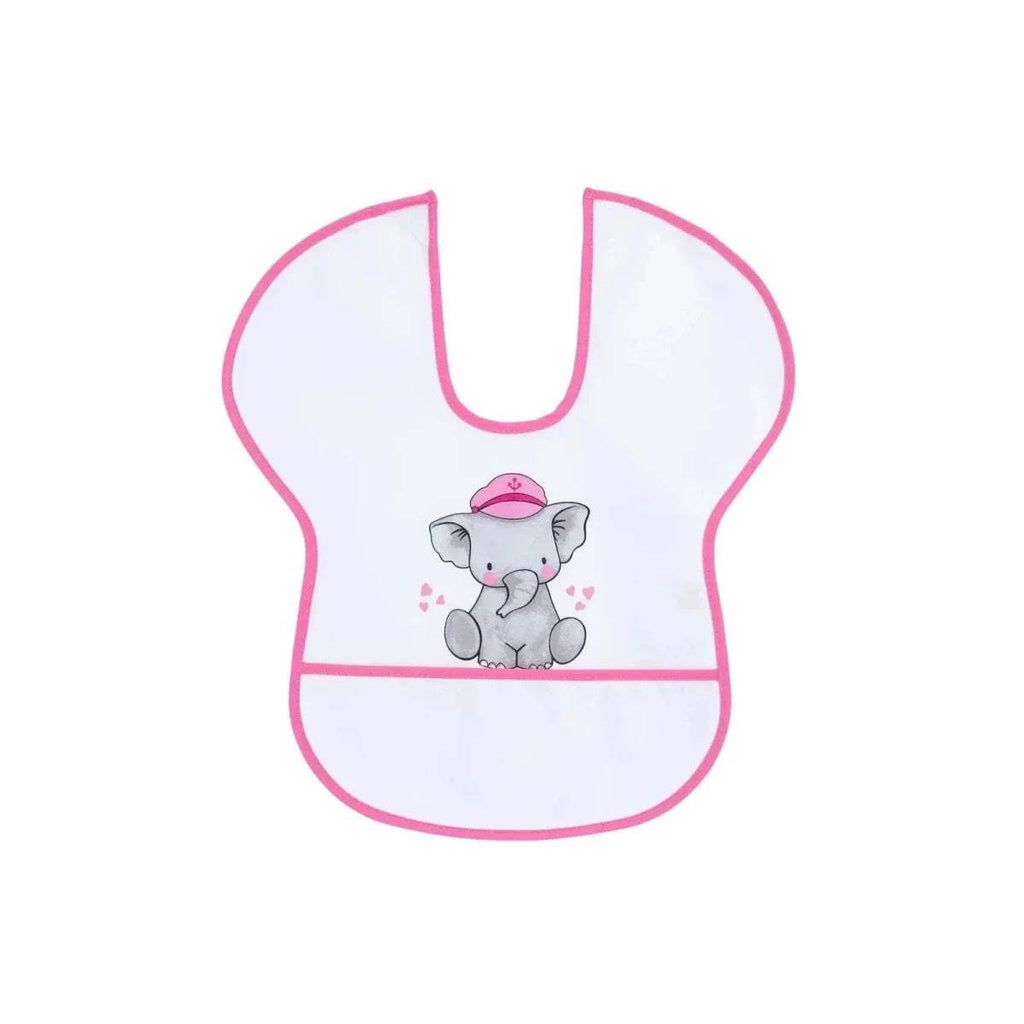 White short-sleeve bib with pink edging and centered elephant illustration.