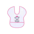 White short-sleeve bib with pink edging and centered elephant illustration.