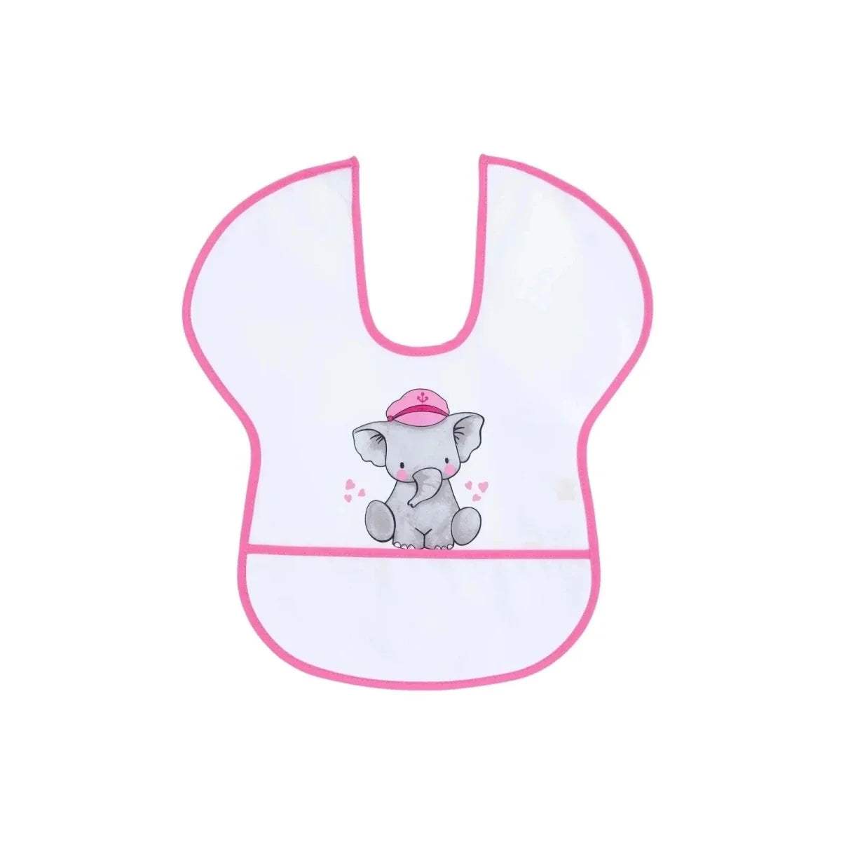 White short-sleeve bib with pink edging and centered elephant illustration.