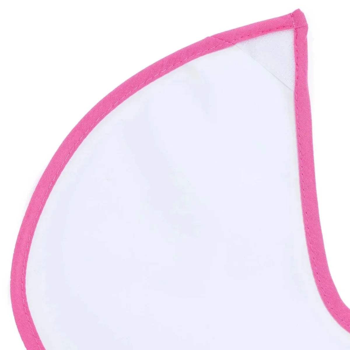 Rounded bib shoulder shape in white fabric with pink trim border.