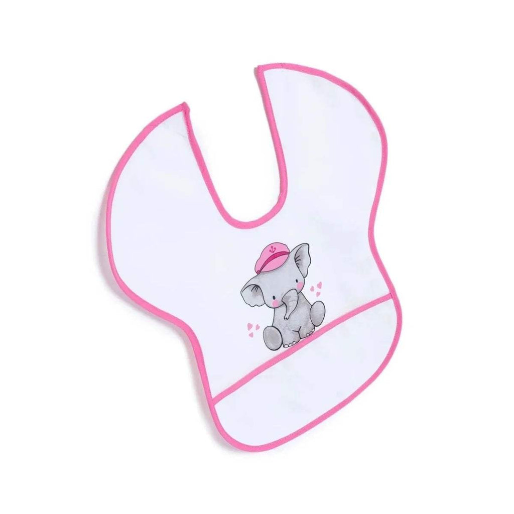 White bib with pink trim, elephant print, and bib pocket bottom panel.