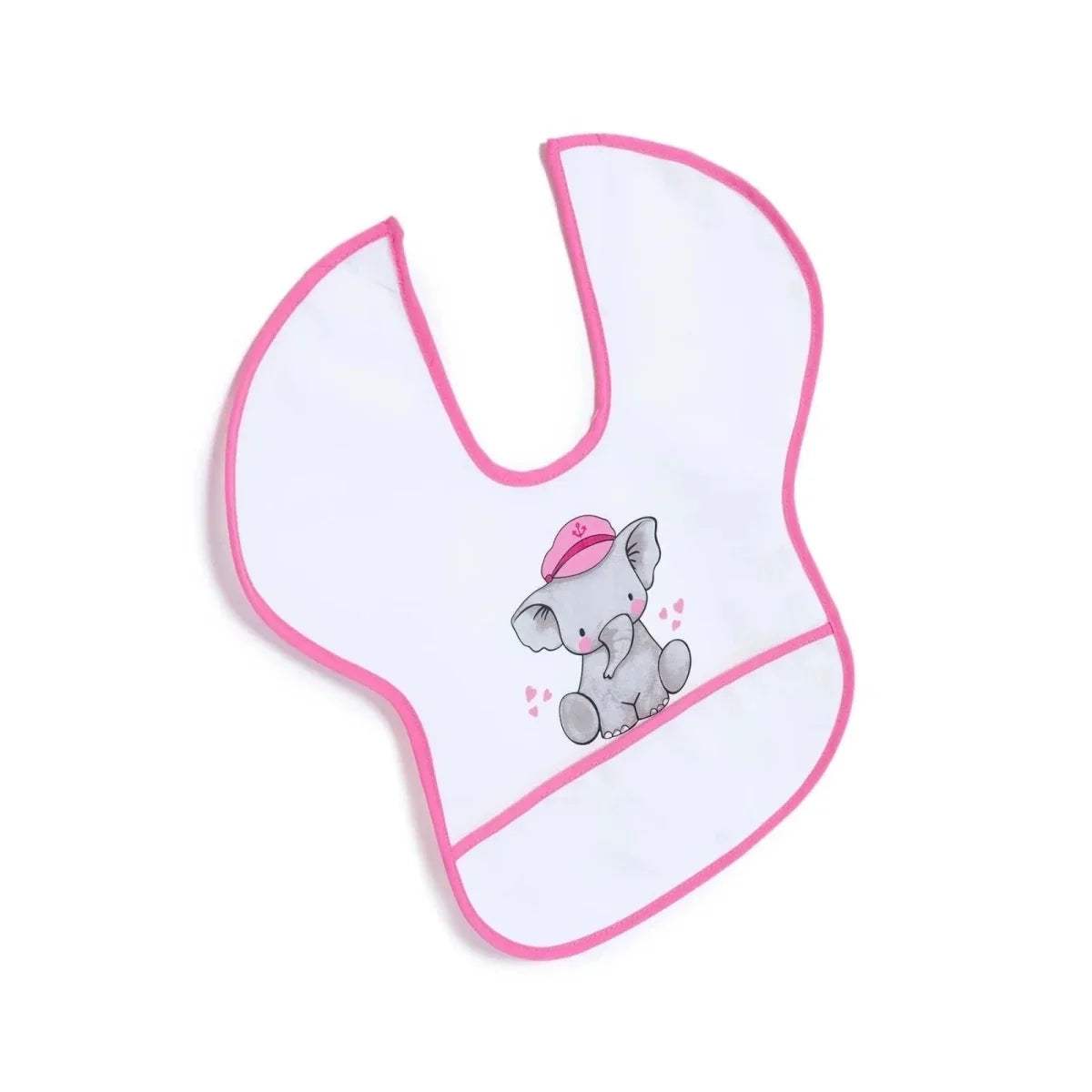 White bib with pink trim, elephant print, and bib pocket bottom panel.