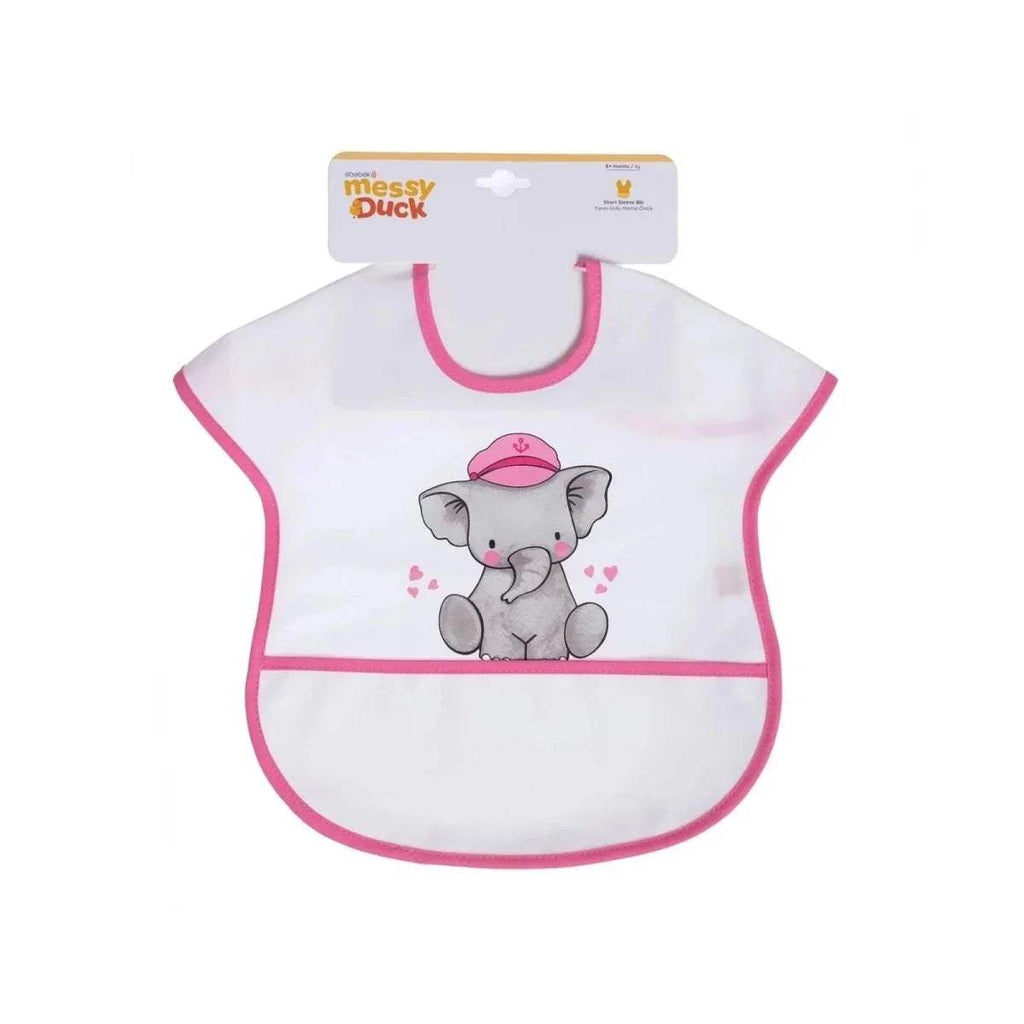 White short-sleeve wipe-clean bib with pink trim and cute elephant graphic.