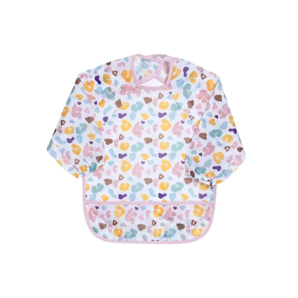 Baby long-sleeve coverall bib with multicolor cloud-heart pattern and pink trim
