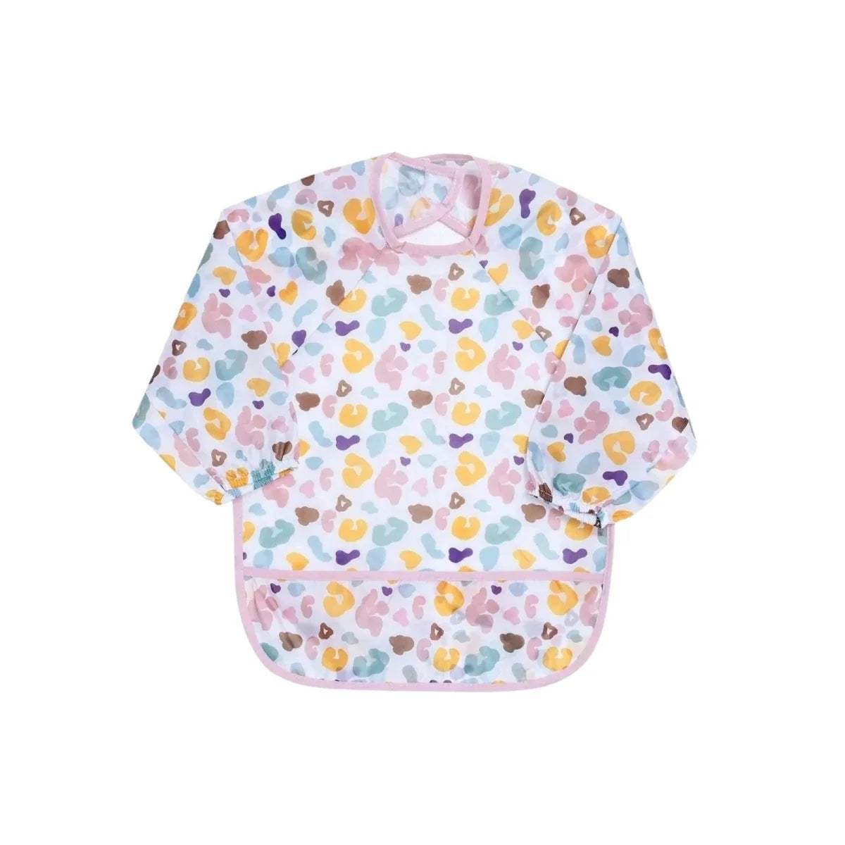 Baby long-sleeve coverall bib with multicolor cloud-heart pattern and pink trim