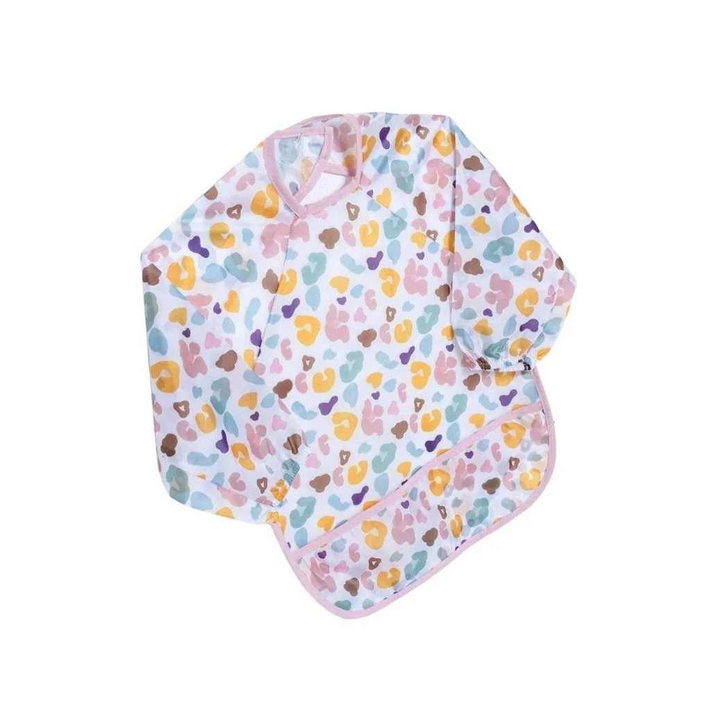Baby long-sleeve coverall bib back view with multicolor pattern and pink edging