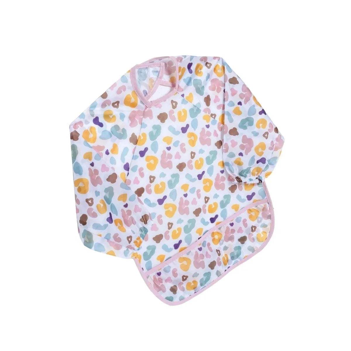 Baby long-sleeve coverall bib back view with multicolor pattern and pink edging