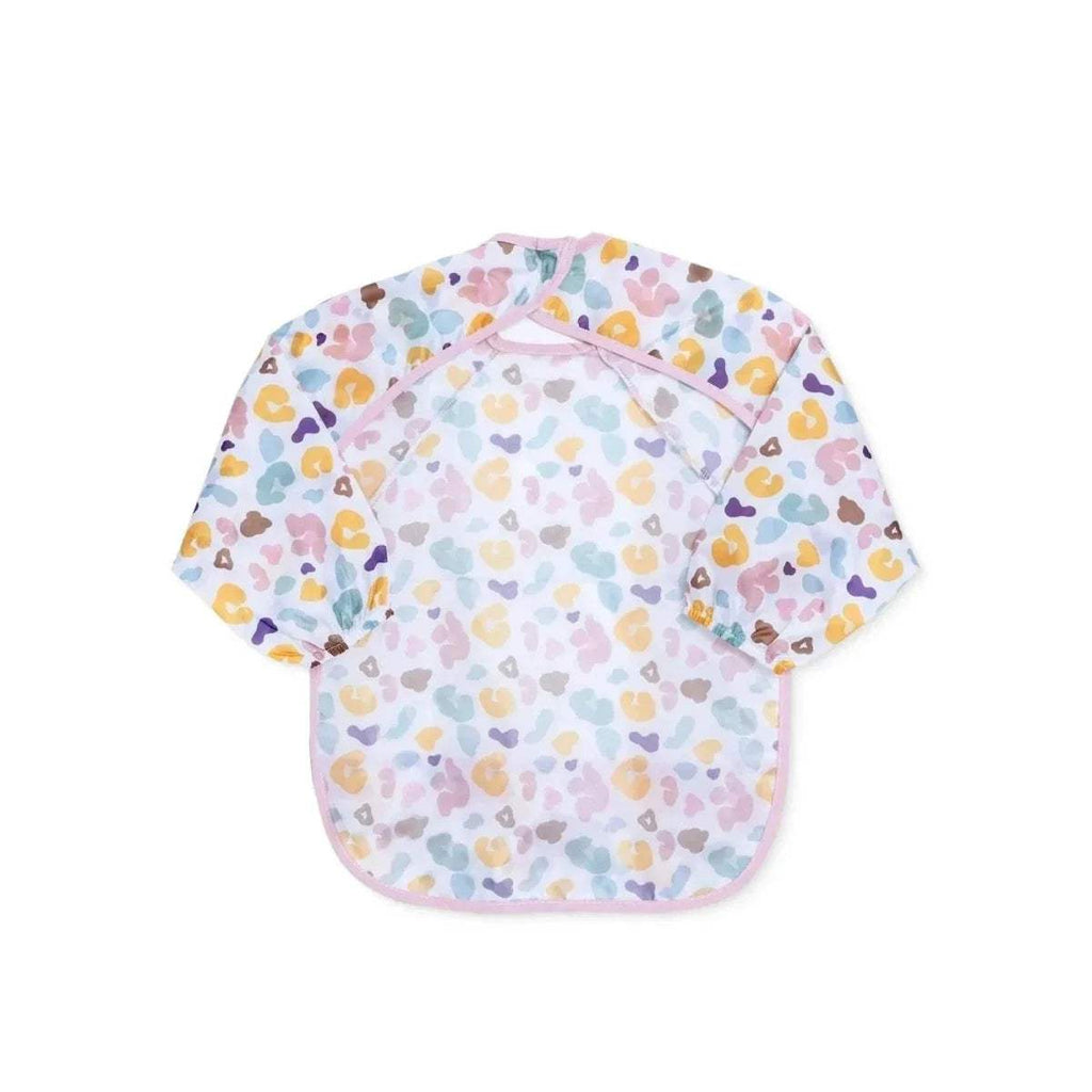 Baby long-sleeve coverall bib side view with multicolor pattern and pink neck trim