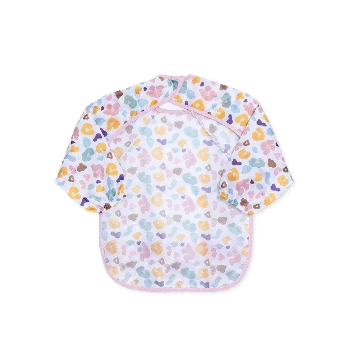 Baby long-sleeve coverall bib side view with multicolor pattern and pink neck trim