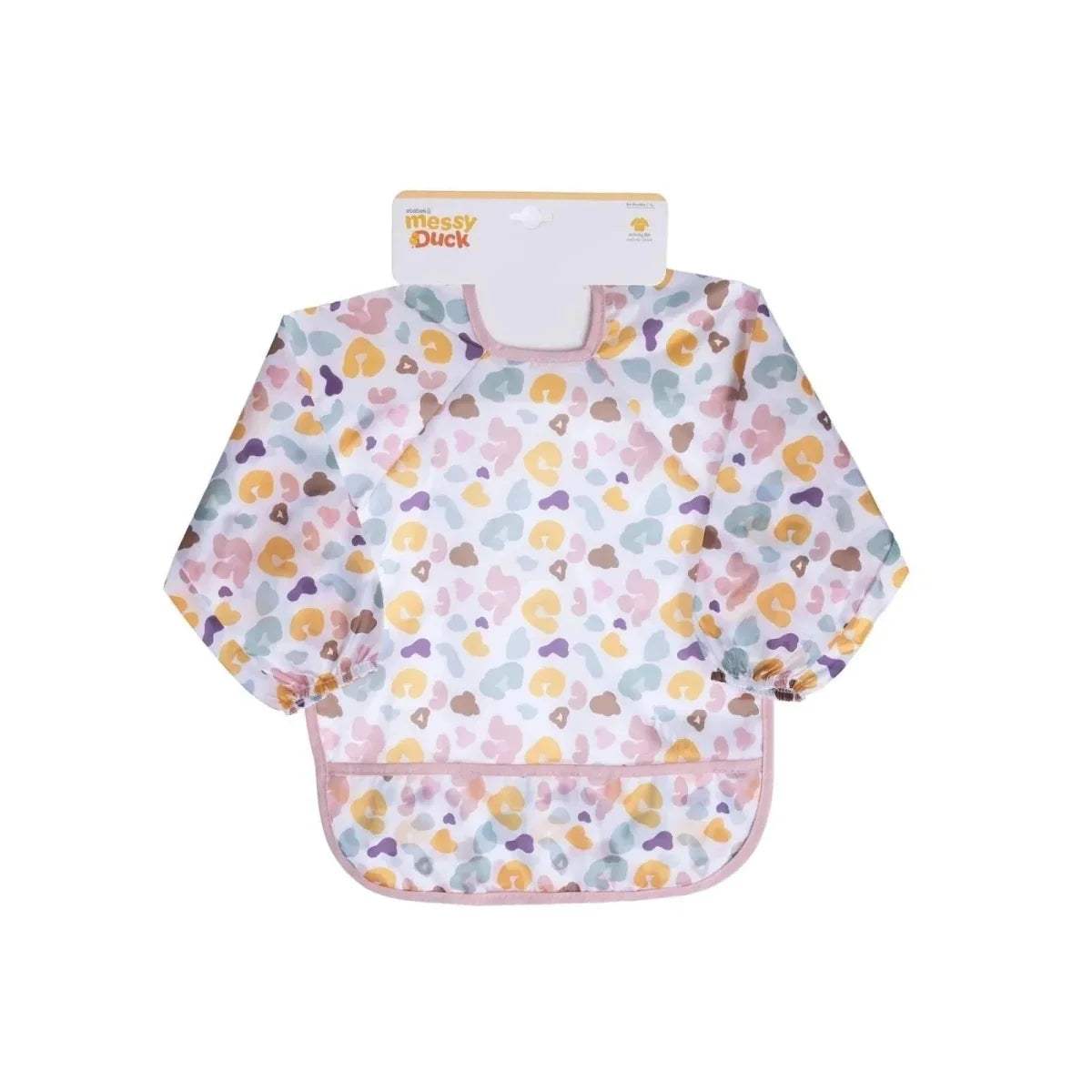 Baby long-sleeve coverall bib front with multicolor cloud-heart pattern and bib pocket
