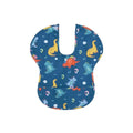 Blue short-sleeve baby bib with colorful dinosaur print and U-neck opening