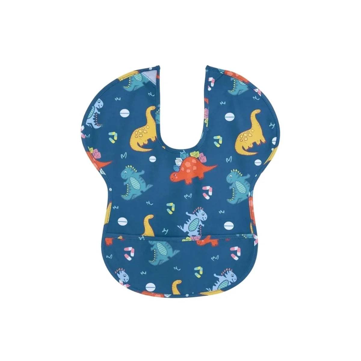 Blue short-sleeve baby bib with colorful dinosaur print and U-neck opening