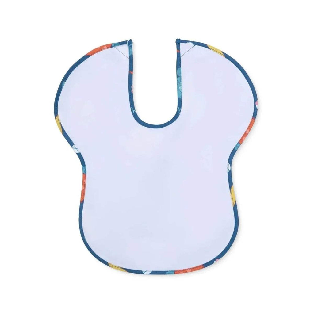 Baby weaning bib reverse side, white fabric with blue binding and U-neck opening