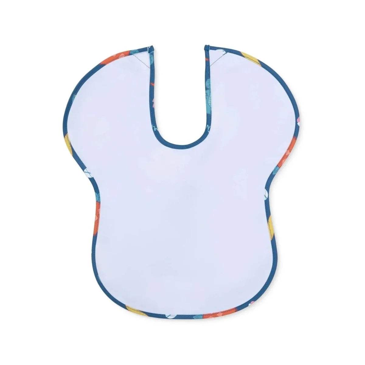 Baby weaning bib reverse side, white fabric with blue binding and U-neck opening