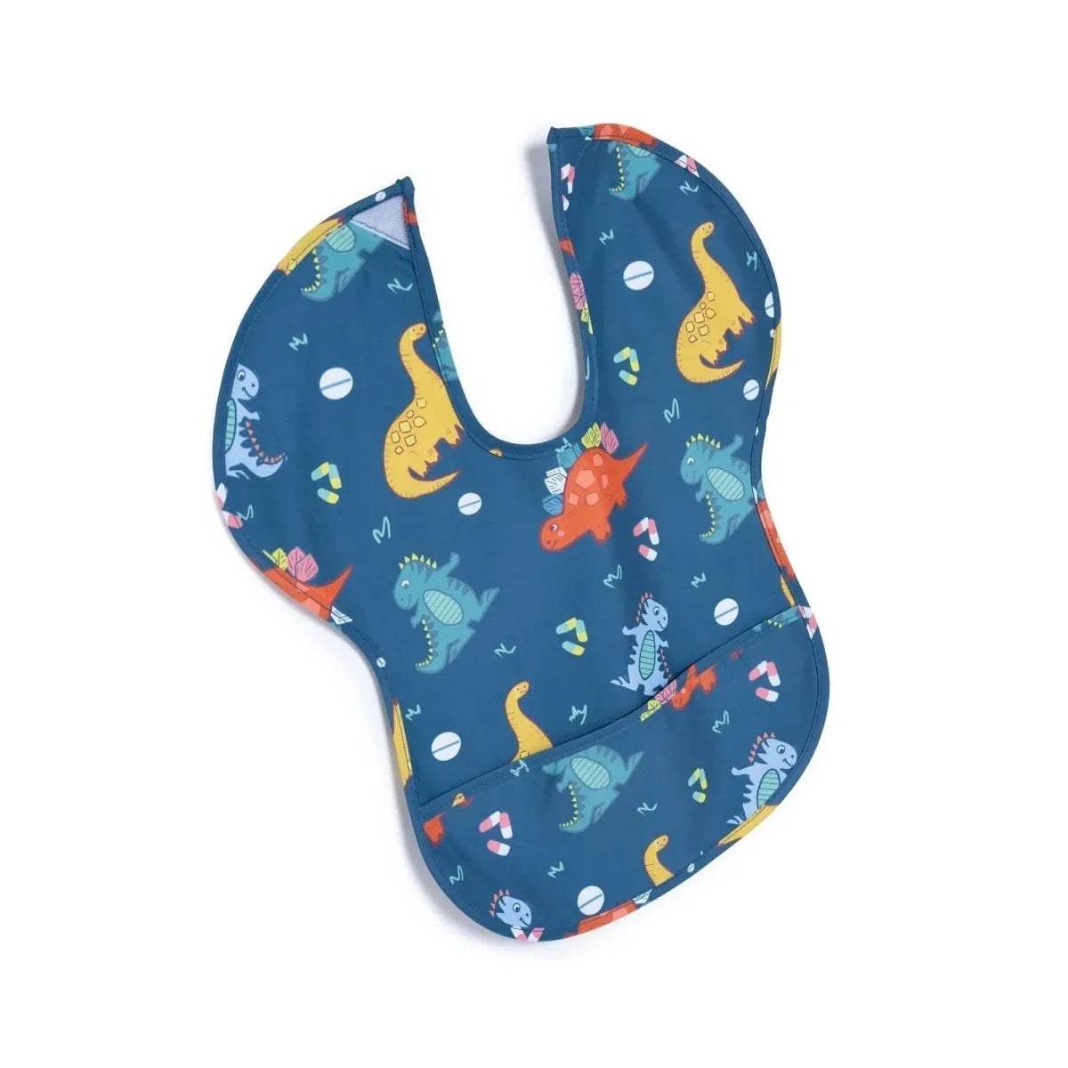 Blue short-sleeve baby bib with colorful dinosaur print and curved front pocket