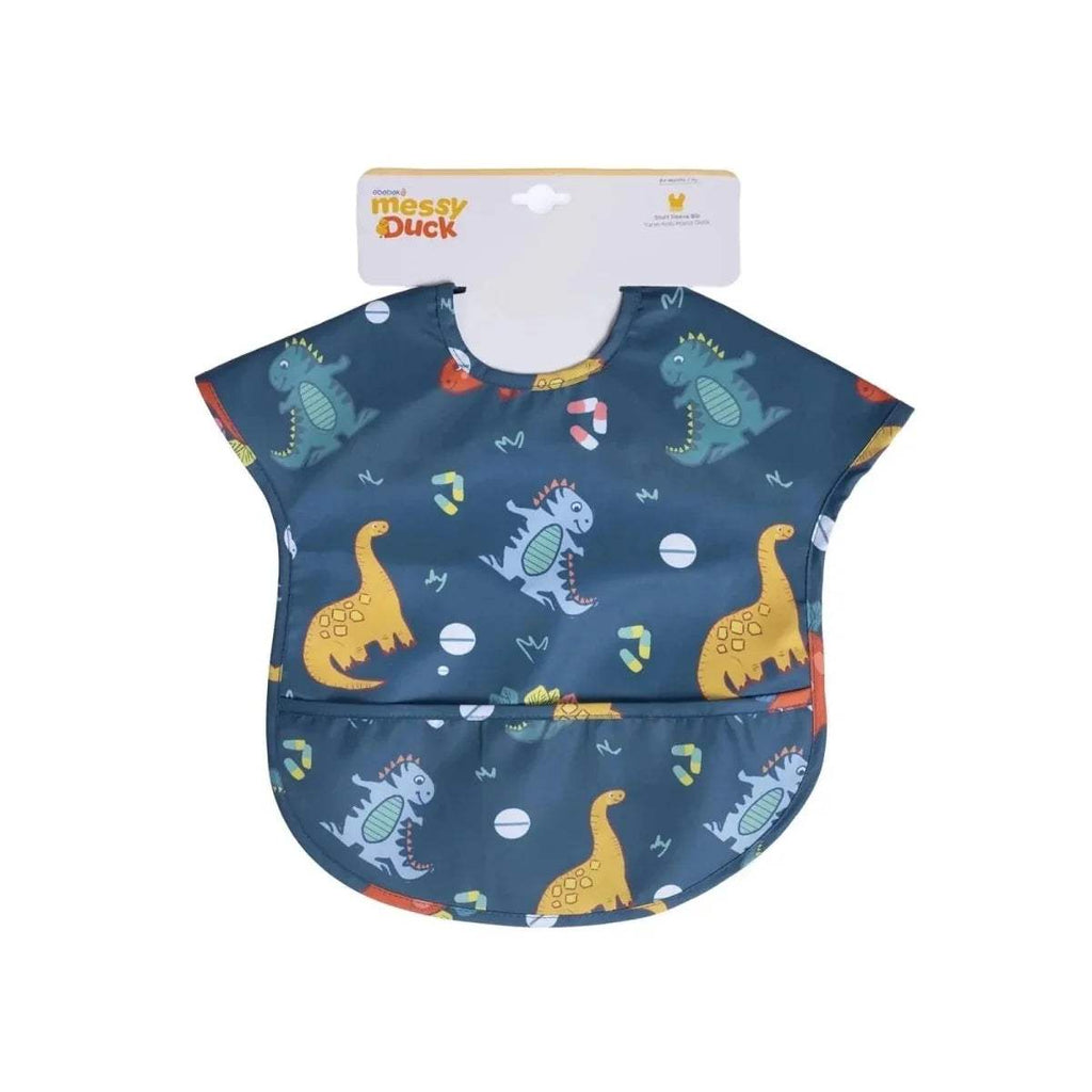 Blue short-sleeve baby weaning bib with colorful dinosaur print and curved pocket
