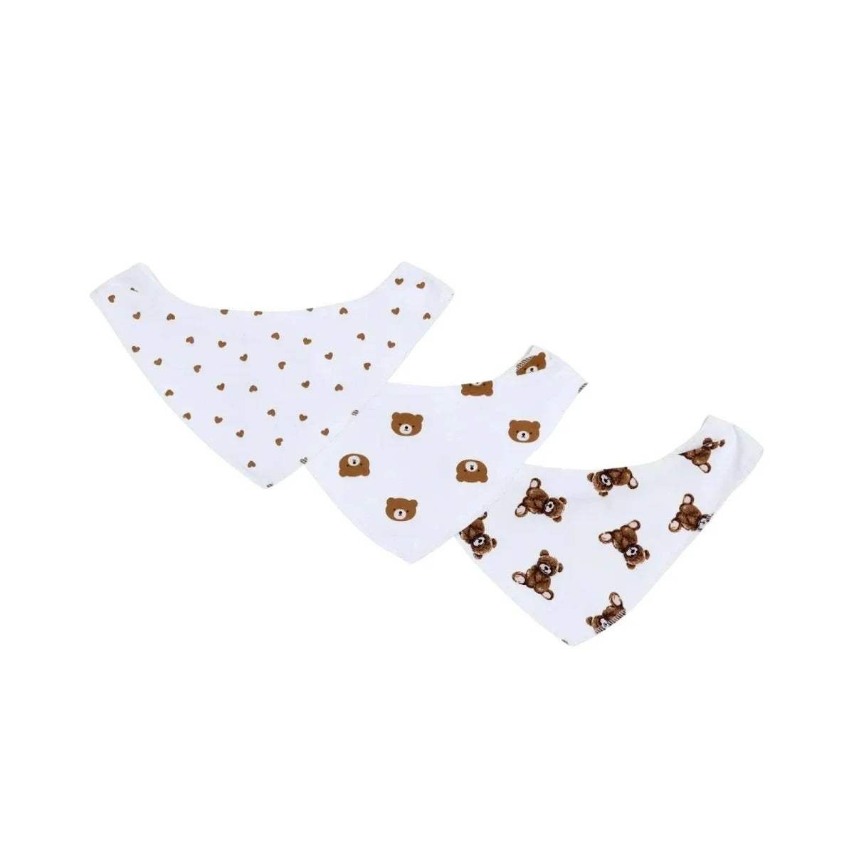 3-pack cotton bandana bibs with teddy bear prints, white with brown designs