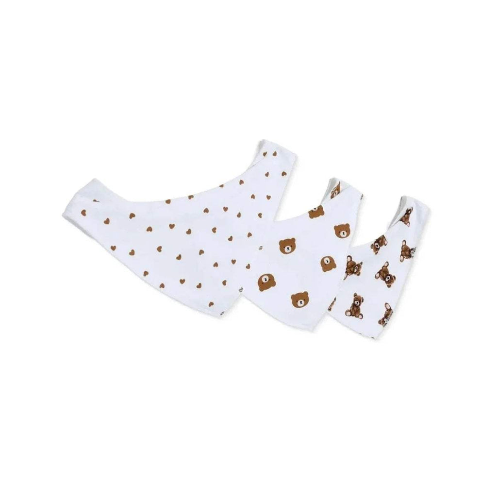 3-pack cotton bandana bibs, white with teddy bear and small heart prints