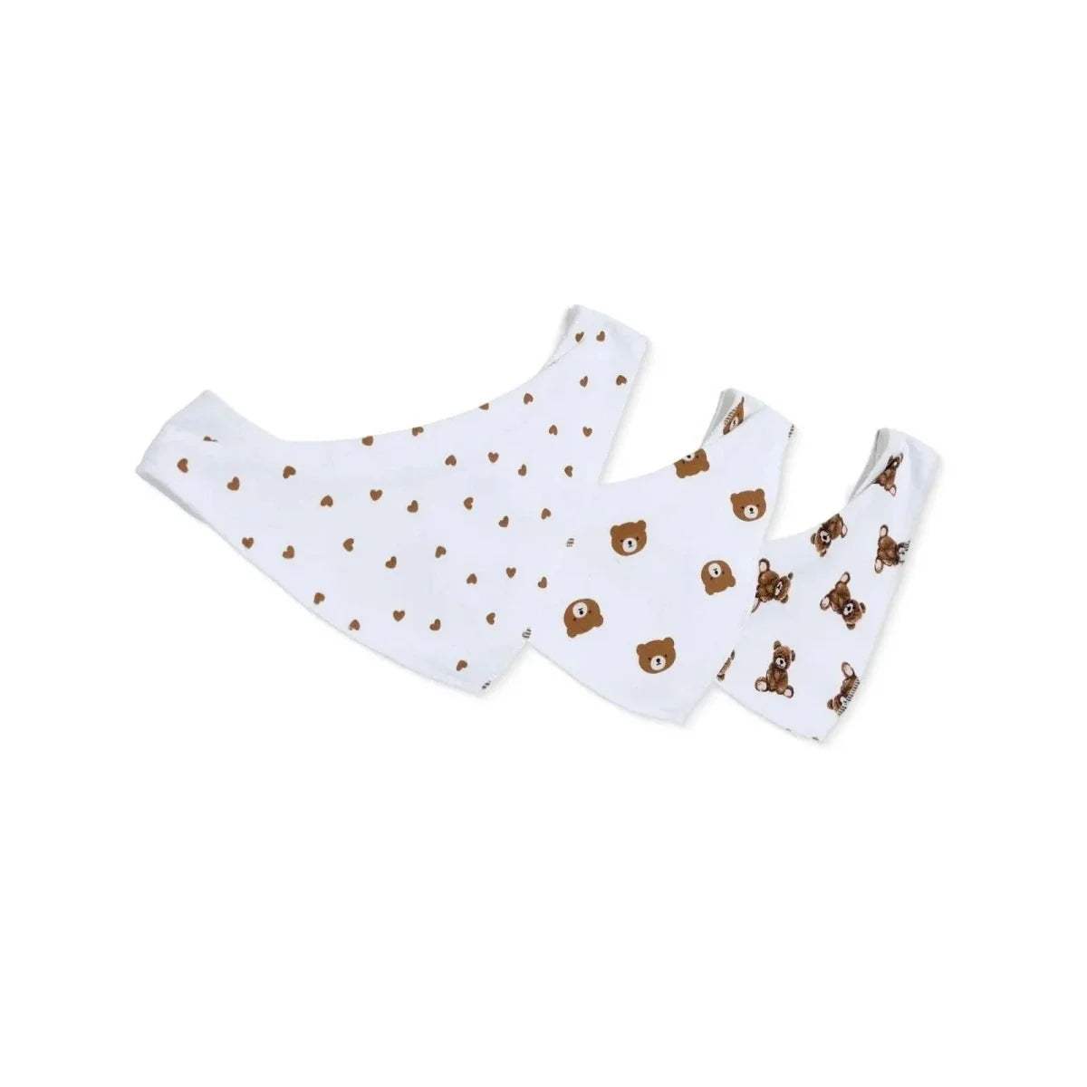 3-pack cotton bandana bibs, white with teddy bear and small heart prints